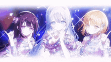 three anime girls are standing next to each other on a stage holding a microphone .