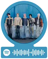 a group of young men are standing in front of a blue wall and a spotify icon