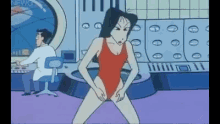 a woman in a red swimsuit is dancing in a room with a man in a white lab coat behind her .