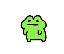 a green frog with a sad look on its face and a purple background