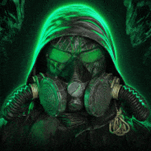 a man wearing a gas mask and a hood has green eyes