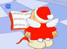 a cartoon character in a santa hat is looking at a sheet of music