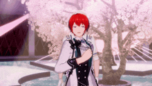 a cartoon character with red hair is standing in front of a cherry blossom tree