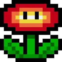 a pixel art of a flower with a red center and green leaves on a white background .