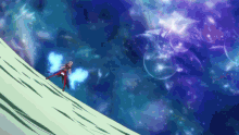 a woman in a red dress is flying through a blue and purple sky