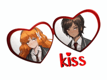 a boy and a girl are in a heart with the word kiss below them