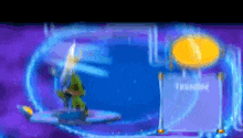 a cartoon character is holding a sword in front of a purple and blue background .