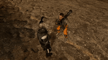 a man holding a gun stands next to another man in a video game scene