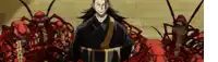 a man in a kimono is standing in front of a bunch of red bugs .