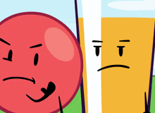 a cartoon of a red ball and a glass of orange juice with a sad face
