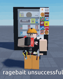 a cartoon character standing in front of a vending machine that says ragebait unsuccessful