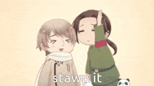 a cartoon of a man putting his hand on another man 's forehead with the words `` stawp it '' .