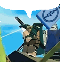 a cartoon character holding a flag with a lightning bolt in the middle