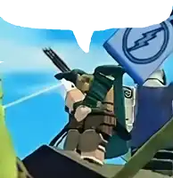 a cartoon character holding a flag with a lightning bolt in the middle