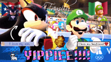 shadow the hedgehog and mario are standing next to each other with the words " family is forever " above them