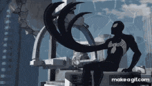 a silhouette of a man in a spiderman costume is sitting on a bench with a claw .