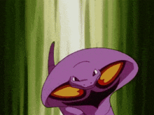 a purple cartoon snake with orange eyes is standing in front of a green background .