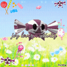 a purple and white candy with the words joy love positivity written on it