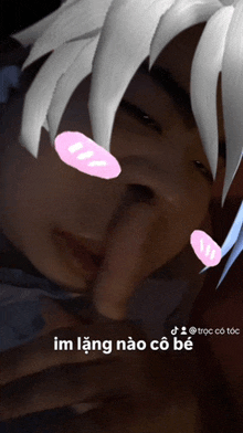 a man with white hair has a pink heart on his face and the words im lang nao co be below him