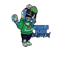 a cartoon character holding a microphone and a globe with the words world wide collaboration on the bottom