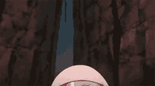 a close up of a female anime character with pink hair and a red vest .