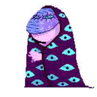 a pixel art drawing of a person wrapped in a blanket with all seeing eyes