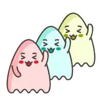 three ghosts are lined up in a row with different colors