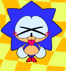 a cartoon drawing of sonic the hedgehog with his tongue out