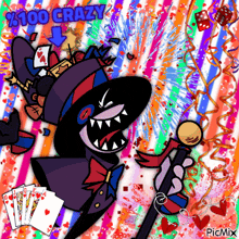 a cartoon drawing of a mad hatter holding a microphone and playing cards with the words % 100 crazy above him