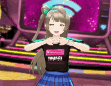 a girl wearing a black shirt that says ' us first love love ' on it