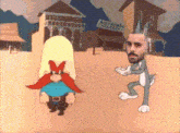 a cartoon of a man standing next to a bunny rabbit