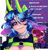 a cartoon drawing of a girl with horns and a purple and blue cat