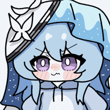 a drawing of a girl with purple eyes and a flower on her head