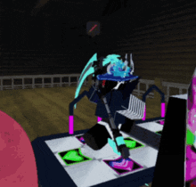 a cartoon character is dancing on a dance floor