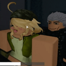 a girl with blonde hair is sitting next to a guy with gray hair