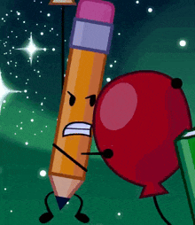 a pencil and a red balloon with arms and legs