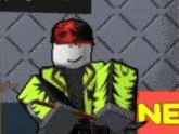 a roblox character is holding a gun and wearing a red hat .