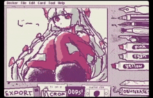 a computer screen shows a drawing of a girl surrounded by markers including pink cyan yellow and black