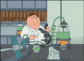 a cartoon of peter griffin looking through a microscope in a lab