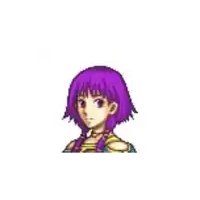 a pixel art of a girl with purple hair and blue eyes