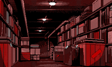 a pixel art drawing of a warehouse with boxes on shelves and a red trash can