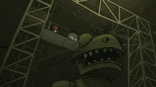 a cartoon drawing of a robot with a huge mouth and teeth