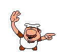 a pixel art cartoon of a man wearing a chef 's hat pointing at something .
