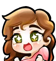 a cartoon girl with brown hair and green eyes is smiling