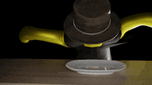 a person wearing a top hat and yellow gloves