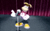 a cartoon character singing into a microphone on stage