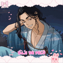 a picture of a man in a blue kimono with the words baju de fely on the bottom