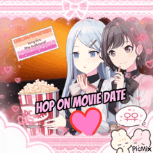 a picture of two anime girls with the words hop on movie date on the bottom