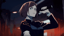 a girl in a black jacket is holding a sword