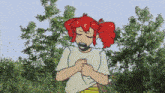 a cartoon drawing of a girl with red hair standing in front of trees